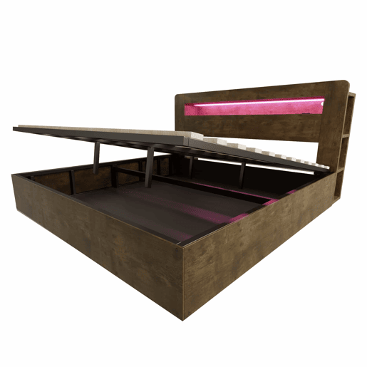 Cama de plataforma 180x200 - com arrumação, sistema hidráulico, cabeceira com LED e tomadas integradas - madeira vintage Cama de plataforma 180x200 - com arrumação, sistema hidráulico, cabeceira com LED e tomadas integradas - madeira vintage