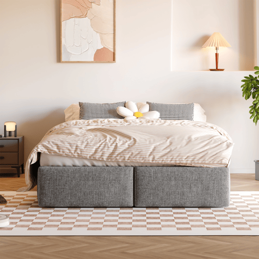 Cama de casal estofada 140x200cm sem cabeceira - com 2 gavetas - Tecido de linho - Cinzento Cama de casal estofada 140x200cm sem cabeceira - com 2 gavetas - Tecido de linho - Cinzento