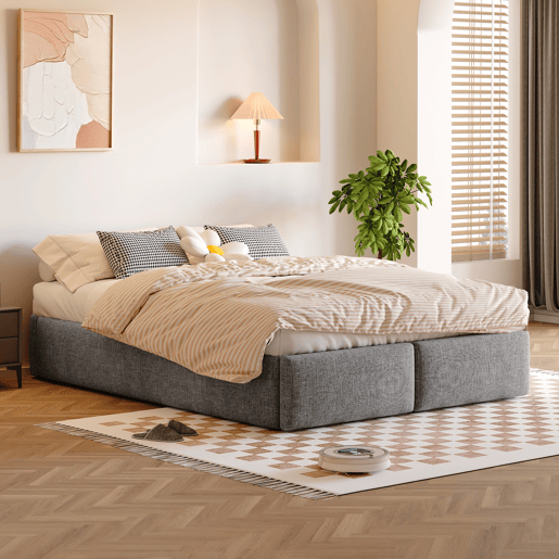 Cama de casal estofada 140x200cm sem cabeceira - com 2 gavetas - Tecido de linho - Cinzento Cama de casal estofada 140x200cm sem cabeceira - com 2 gavetas - Tecido de linho - Cinzento