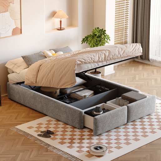 Cama de casal estofada 140x200cm sem cabeceira - com 2 gavetas - Tecido de linho - Cinzento Cama de casal estofada 140x200cm sem cabeceira - com 2 gavetas - Tecido de linho - Cinzento