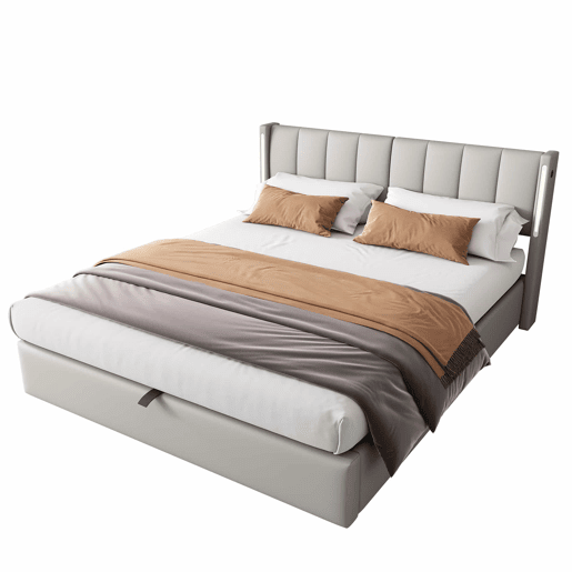 Cama estofada com LED 180x200 cm - hidráulica com espaço de arrumação, porta USB recarregável, cabeceira ajustável - cinzenta Cama estofada com LED 180x200 cm - hidráulica com espaço de arrumação, porta USB recarregável, cabeceira ajustável - cinzenta