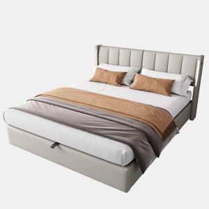 Cama estofada com LED 180x200 cm - hidráulica com espaço de arrumação, porta USB recarregável, cabeceira ajustável - cinzenta