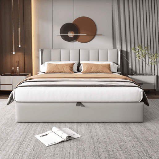 Cama estofada com LED 180x200 cm - hidráulica com espaço de arrumação, porta USB recarregável, cabeceira ajustável - cinzenta Cama estofada com LED 180x200 cm - hidráulica com espaço de arrumação, porta USB recarregável, cabeceira ajustável - cinzenta