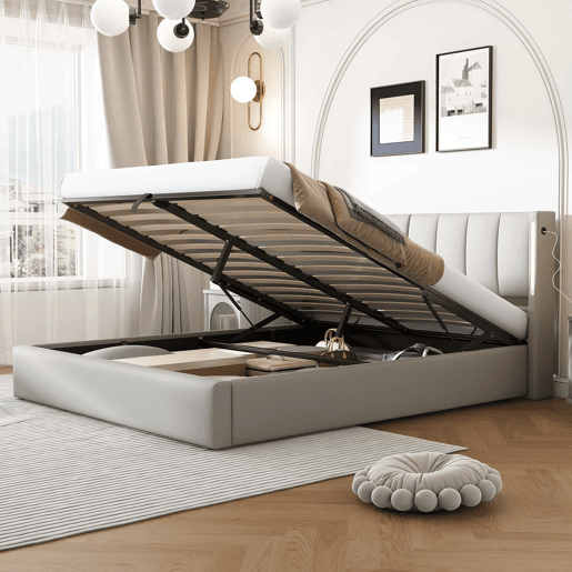 Cama estofada com LED 180x200 cm - hidráulica com espaço de arrumação, porta USB recarregável, cabeceira ajustável - cinzenta Cama estofada com LED 180x200 cm - hidráulica com espaço de arrumação, porta USB recarregável, cabeceira ajustável - cinzenta