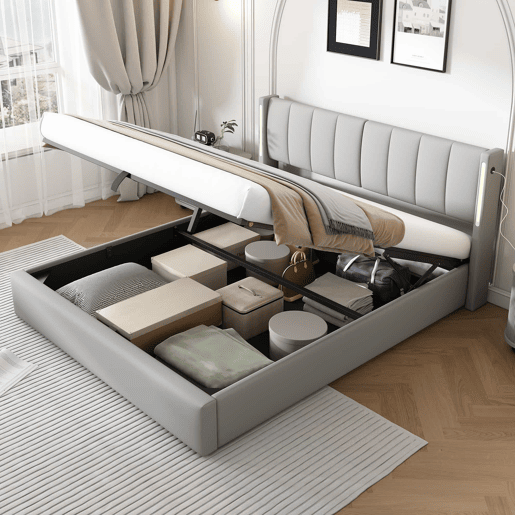 Cama estofada com LED 180x200 cm - hidráulica com espaço de arrumação, porta USB recarregável, cabeceira ajustável - cinzenta Cama estofada com LED 180x200 cm - hidráulica com espaço de arrumação, porta USB recarregável, cabeceira ajustável - cinzenta