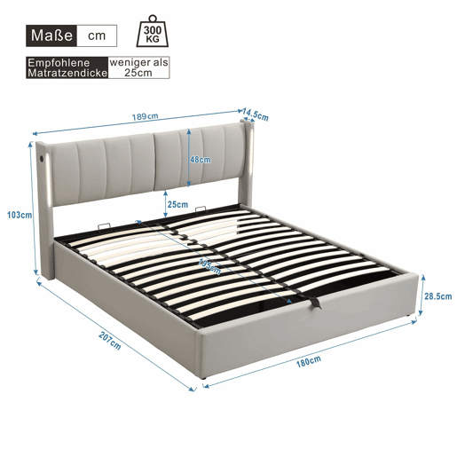 Cama estofada com LED 180x200 cm - hidráulica com espaço de arrumação, porta USB recarregável, cabeceira ajustável - cinzenta Cama estofada com LED 180x200 cm - hidráulica com espaço de arrumação, porta USB recarregável, cabeceira ajustável - cinzenta