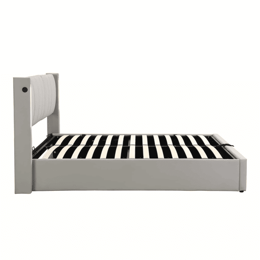 Cama estofada com LED 180x200 cm - hidráulica com espaço de arrumação, porta USB recarregável, cabeceira ajustável - cinzenta Cama estofada com LED 180x200 cm - hidráulica com espaço de arrumação, porta USB recarregável, cabeceira ajustável - cinzenta