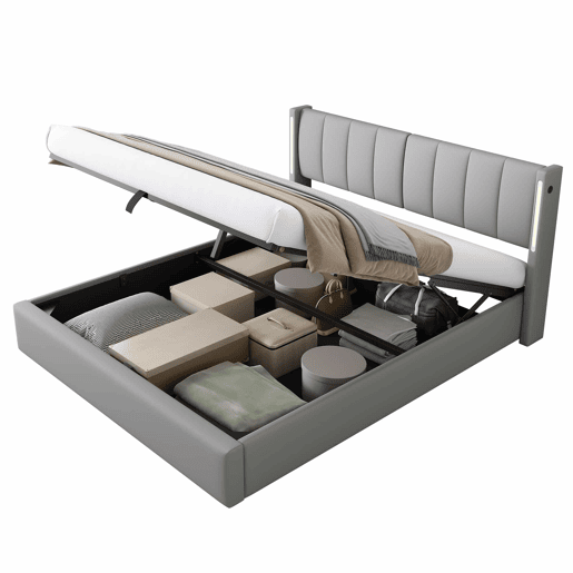 Cama estofada com LED 180x200 cm - hidráulica com espaço de arrumação, porta USB recarregável, cabeceira ajustável - cinzenta Cama estofada com LED 180x200 cm - hidráulica com espaço de arrumação, porta USB recarregável, cabeceira ajustável - cinzenta
