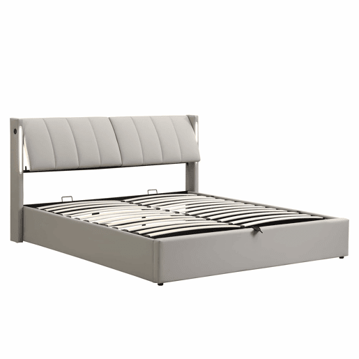 Cama estofada com LED 180x200 cm - hidráulica com espaço de arrumação, porta USB recarregável, cabeceira ajustável - cinzenta Cama estofada com LED 180x200 cm - hidráulica com espaço de arrumação, porta USB recarregável, cabeceira ajustável - cinzenta