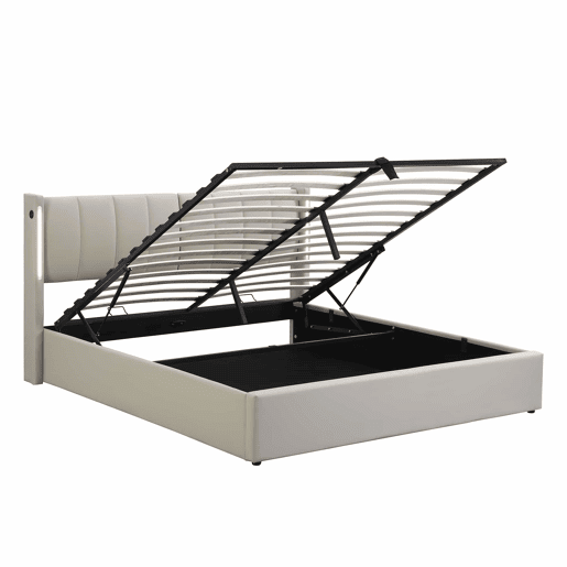 Cama estofada com LED 180x200 cm - hidráulica com espaço de arrumação, porta USB recarregável, cabeceira ajustável - cinzenta Cama estofada com LED 180x200 cm - hidráulica com espaço de arrumação, porta USB recarregável, cabeceira ajustável - cinzenta