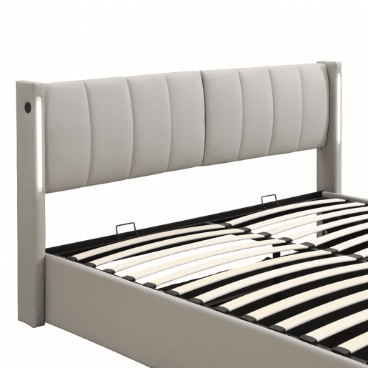 Cama estofada com LED 180x200 cm - hidráulica com espaço de arrumação, porta USB recarregável, cabeceira ajustável - cinzenta Cama estofada com LED 180x200 cm - hidráulica com espaço de arrumação, porta USB recarregável, cabeceira ajustável - cinzenta