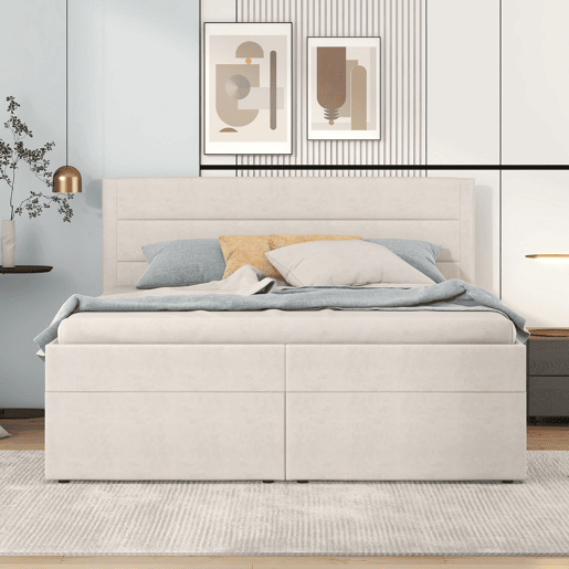 Cama para arrumação com estrado de ripas - 140x200 cm - tecido de linho - Bege Cama para arrumação com estrado de ripas - 140x200 cm - tecido de linho - Bege