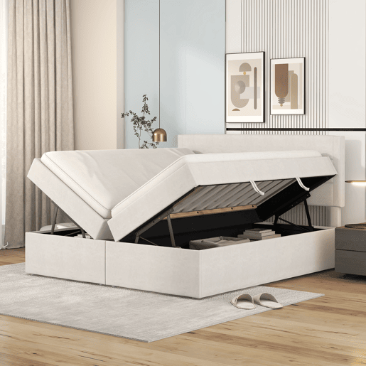 Cama para arrumação com estrado de ripas - 140x200 cm - tecido de linho - Bege Cama para arrumação com estrado de ripas - 140x200 cm - tecido de linho - Bege