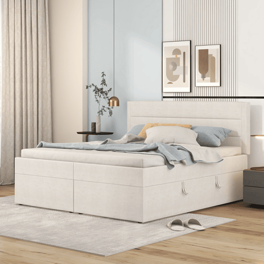 Cama para arrumação com estrado de ripas - 140x200 cm - tecido de linho - Bege Cama para arrumação com estrado de ripas - 140x200 cm - tecido de linho - Bege