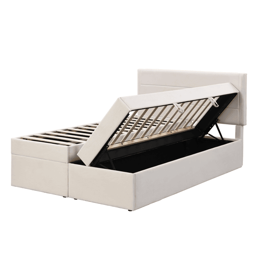Cama para arrumação com estrado de ripas - 140x200 cm - tecido de linho - Bege Cama para arrumação com estrado de ripas - 140x200 cm - tecido de linho - Bege