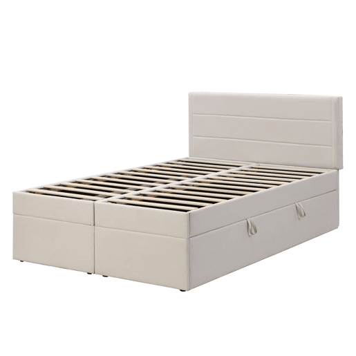 Cama para arrumação com estrado de ripas - 140x200 cm - tecido de linho - Bege Cama para arrumação com estrado de ripas - 140x200 cm - tecido de linho - Bege
