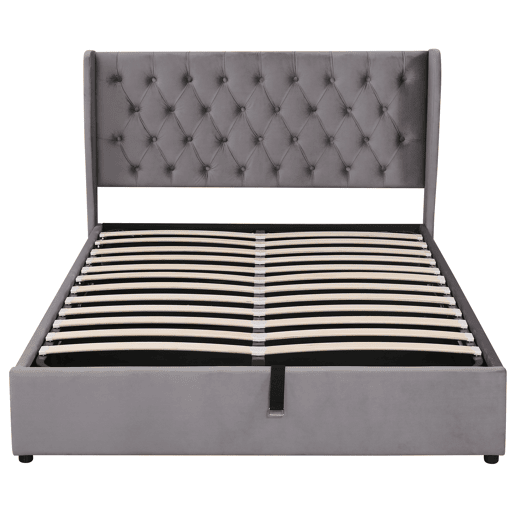 Cama contentora estofada em veludo 140x190 cm com estrado de ripas - Cinzento Cama contentora estofada em veludo 140x190 cm com estrado de ripas - Cinzento