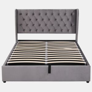 Cama contentora estofada em veludo 140x190 cm com estrado de ripas - Cinzento