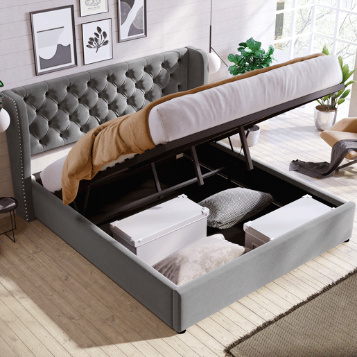 Cama contentora estofada em veludo 140x190 cm com estrado de ripas - Cinzento Cama contentora estofada em veludo 140x190 cm com estrado de ripas - Cinzento
