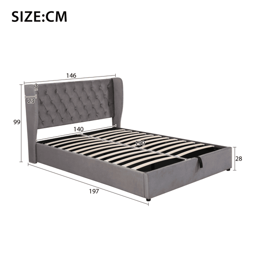 Cama contentora estofada em veludo 140x190 cm com estrado de ripas - Cinzento Cama contentora estofada em veludo 140x190 cm com estrado de ripas - Cinzento