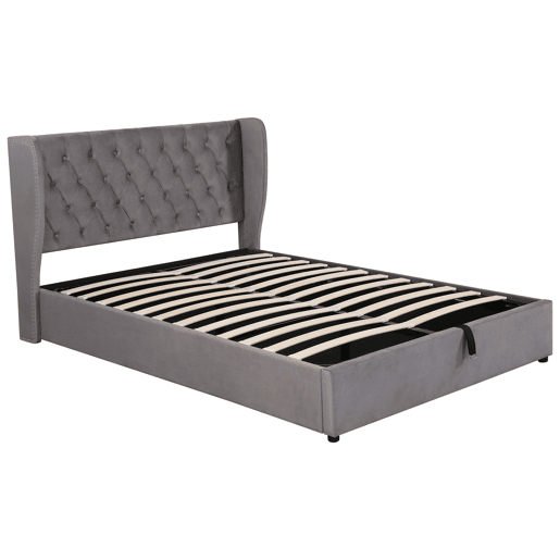 Cama contentora estofada em veludo 140x190 cm com estrado de ripas - Cinzento Cama contentora estofada em veludo 140x190 cm com estrado de ripas - Cinzento