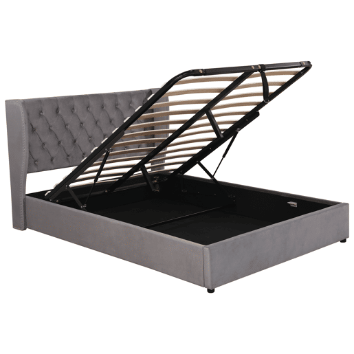Cama contentora estofada em veludo 140x190 cm com estrado de ripas - Cinzento Cama contentora estofada em veludo 140x190 cm com estrado de ripas - Cinzento