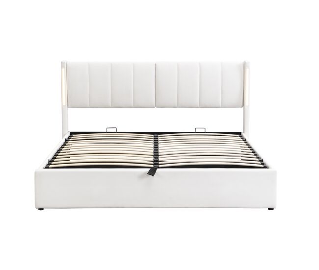 Cama contenedor tapizada en piel sintética - 160x200 cm - con puerto usb y led - cabecero de ángulo ajustable - blanco