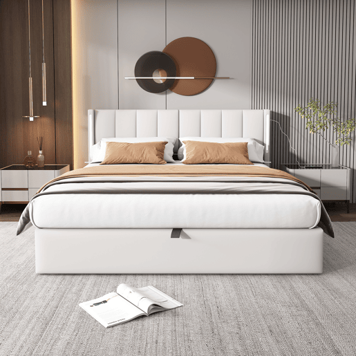 Cama contentora estofada em pele sintética - 160x200 cm - com porta USB e LED - cabeceira de ângulo ajustável - Branco Cama contentora estofada em pele sintética - 160x200 cm - com porta USB e LED - cabeceira de ângulo ajustável - Branco