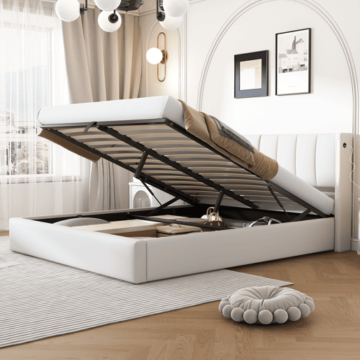 Cama contentora estofada em pele sintética - 160x200 cm - com porta USB e LED - cabeceira de ângulo ajustável - Branco Cama contentora estofada em pele sintética - 160x200 cm - com porta USB e LED - cabeceira de ângulo ajustável - Branco