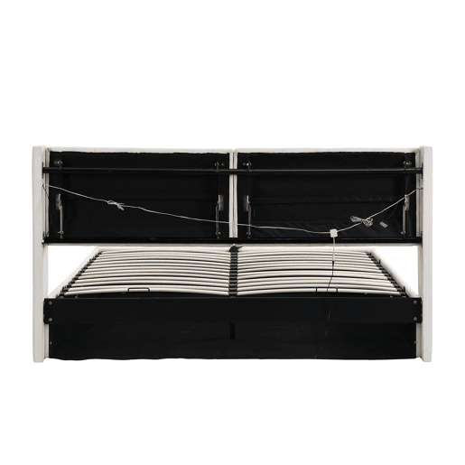 Cama contentora estofada em pele sintética - 160x200 cm - com porta USB e LED - cabeceira de ângulo ajustável - Branco Cama contentora estofada em pele sintética - 160x200 cm - com porta USB e LED - cabeceira de ângulo ajustável - Branco
