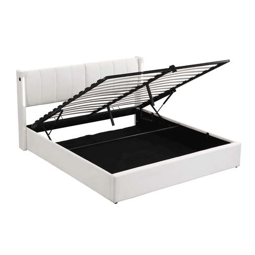 Cama contentora estofada em pele sintética - 160x200 cm - com porta USB e LED - cabeceira de ângulo ajustável - Branco Cama contentora estofada em pele sintética - 160x200 cm - com porta USB e LED - cabeceira de ângulo ajustável - Branco