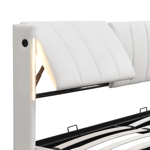 Cama contentora estofada em pele sintética - 160x200 cm - com porta USB e LED - cabeceira de ângulo ajustável - Branco Cama contentora estofada em pele sintética - 160x200 cm - com porta USB e LED - cabeceira de ângulo ajustável - Branco
