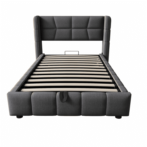 Cama estofada infantil 90 x 200 cm - com base, cabeceira e sistema de arrumação pneumático, estrutura em linho para crianças e adolescentes - cinzenta Cama estofada infantil 90 x 200 cm - com base, cabeceira e sistema de arrumação pneumático, estrutura em linho para crianças e adolescentes - cinzenta