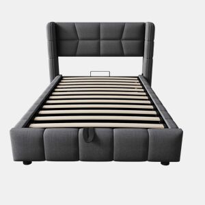 Cama estofada infantil 90 x 200 cm - com base, cabeceira e sistema de arrumação pneumático, estrutura em linho para crianças e adolescentes - cinzenta
