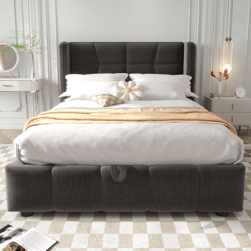 Cama estofada infantil 90 x 200 cm - com base, cabeceira e sistema de arrumação pneumático, estrutura em linho para crianças e adolescentes - cinzenta Cama estofada infantil 90 x 200 cm - com base, cabeceira e sistema de arrumação pneumático, estrutura em linho para crianças e adolescentes - cinzenta