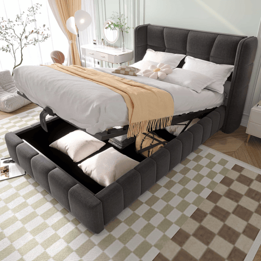 Cama estofada infantil 90 x 200 cm - com base, cabeceira e sistema de arrumação pneumático, estrutura em linho para crianças e adolescentes - cinzenta Cama estofada infantil 90 x 200 cm - com base, cabeceira e sistema de arrumação pneumático, estrutura em linho para crianças e adolescentes - cinzenta
