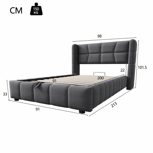 Cama estofada infantil 90 x 200 cm - com base, cabeceira e sistema de arrumação pneumático, estrutura em linho para crianças e adolescentes - cinzenta Cama estofada infantil 90 x 200 cm - com base, cabeceira e sistema de arrumação pneumático, estrutura em linho para crianças e adolescentes - cinzenta