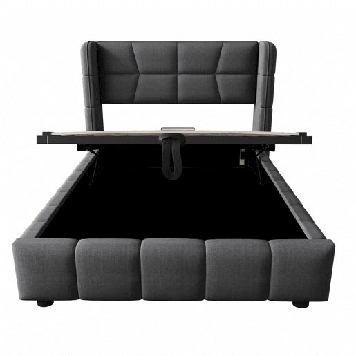 Cama estofada infantil 90 x 200 cm - com base, cabeceira e sistema de arrumação pneumático, estrutura em linho para crianças e adolescentes - cinzenta Cama estofada infantil 90 x 200 cm - com base, cabeceira e sistema de arrumação pneumático, estrutura em linho para crianças e adolescentes - cinzenta