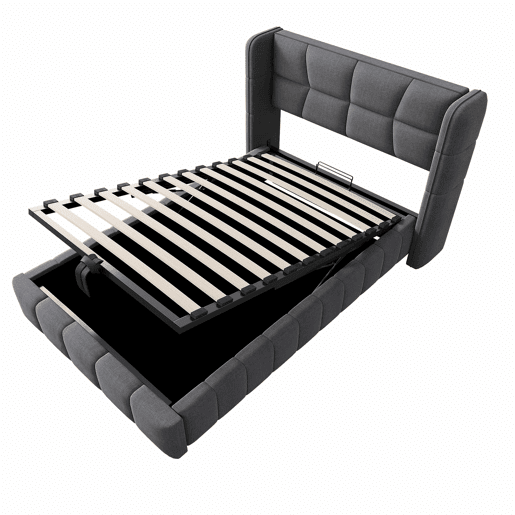 Cama estofada infantil 90 x 200 cm - com base, cabeceira e sistema de arrumação pneumático, estrutura em linho para crianças e adolescentes - cinzenta Cama estofada infantil 90 x 200 cm - com base, cabeceira e sistema de arrumação pneumático, estrutura em linho para crianças e adolescentes - cinzenta
