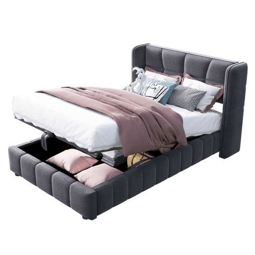 Cama estofada infantil 90 x 200 cm - com base, cabeceira e sistema de arrumação pneumático, estrutura em linho para crianças e adolescentes - cinzenta Cama estofada infantil 90 x 200 cm - com base, cabeceira e sistema de arrumação pneumático, estrutura em linho para crianças e adolescentes - cinzenta