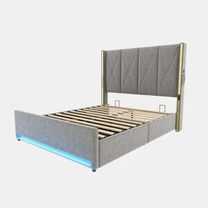 Cama de veludo 160x200 cm - Cabeceira alta, acolchoada e estofada, com bolsos laterais, USB e LED, sistema hidráulico e amplo espaço de arrumação por baixo da cama - Cinza escuro