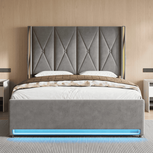 Cama de veludo 160x200 cm - Cabeceira alta, acolchoada e estofada, com bolsos laterais, USB e LED, sistema hidráulico e amplo espaço de arrumação por baixo da cama - Cinza escuro Cama de veludo 160x200 cm - Cabeceira alta, acolchoada e estofada, com bolsos laterais, USB e LED, sistema hidráulico e amplo espaço de arrumação por baixo da cama - Cinza escuro