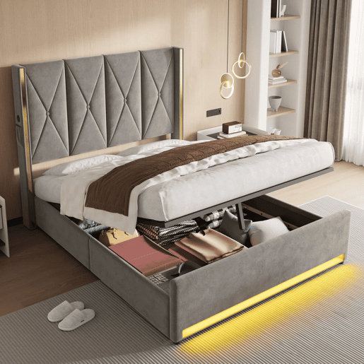 Cama de veludo 160x200 cm - Cabeceira alta, acolchoada e estofada, com bolsos laterais, USB e LED, sistema hidráulico e amplo espaço de arrumação por baixo da cama - Cinza escuro Cama de veludo 160x200 cm - Cabeceira alta, acolchoada e estofada, com bolsos laterais, USB e LED, sistema hidráulico e amplo espaço de arrumação por baixo da cama - Cinza escuro