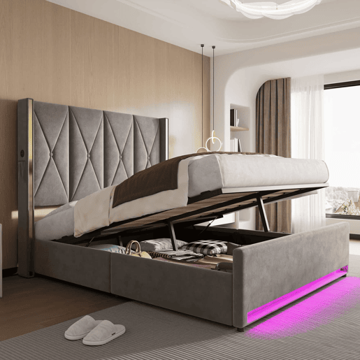 Cama de veludo 160x200 cm - Cabeceira alta, acolchoada e estofada, com bolsos laterais, USB e LED, sistema hidráulico e amplo espaço de arrumação por baixo da cama - Cinza escuro Cama de veludo 160x200 cm - Cabeceira alta, acolchoada e estofada, com bolsos laterais, USB e LED, sistema hidráulico e amplo espaço de arrumação por baixo da cama - Cinza escuro
