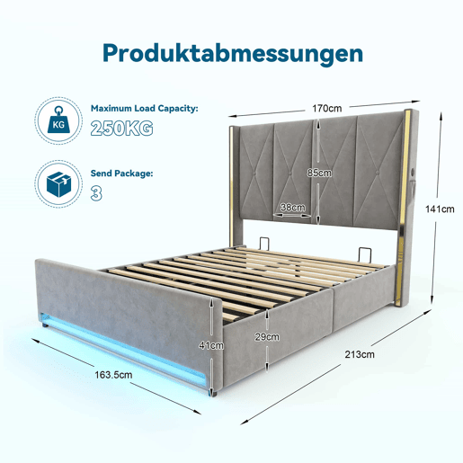 Cama de veludo 160x200 cm - Cabeceira alta, acolchoada e estofada, com bolsos laterais, USB e LED, sistema hidráulico e amplo espaço de arrumação por baixo da cama - Cinza escuro Cama de veludo 160x200 cm - Cabeceira alta, acolchoada e estofada, com bolsos laterais, USB e LED, sistema hidráulico e amplo espaço de arrumação por baixo da cama - Cinza escuro