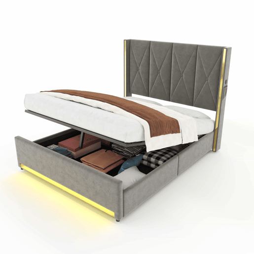 Cama de veludo 160x200 cm - Cabeceira alta, acolchoada e estofada, com bolsos laterais, USB e LED, sistema hidráulico e amplo espaço de arrumação por baixo da cama - Cinza escuro Cama de veludo 160x200 cm - Cabeceira alta, acolchoada e estofada, com bolsos laterais, USB e LED, sistema hidráulico e amplo espaço de arrumação por baixo da cama - Cinza escuro
