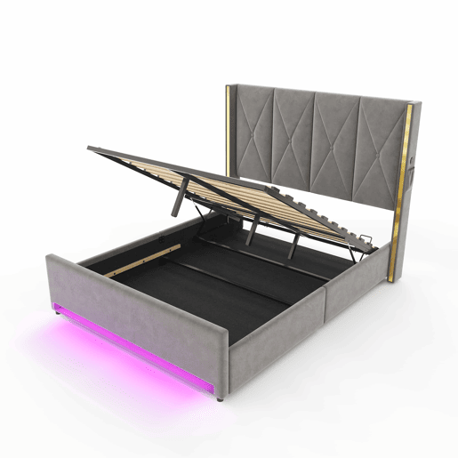 Cama de veludo 160x200 cm - Cabeceira alta, acolchoada e estofada, com bolsos laterais, USB e LED, sistema hidráulico e amplo espaço de arrumação por baixo da cama - Cinza escuro Cama de veludo 160x200 cm - Cabeceira alta, acolchoada e estofada, com bolsos laterais, USB e LED, sistema hidráulico e amplo espaço de arrumação por baixo da cama - Cinza escuro