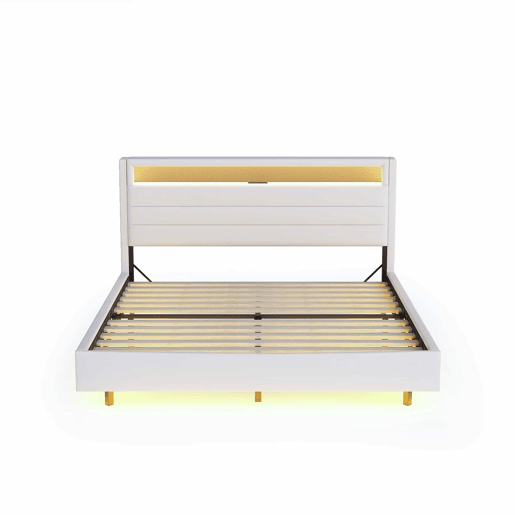 Cama estofada 140x200 cm - com porta USB e luz LED, cabeceira reversível, pé oculto, cama de casal, cama juvenil, cama para adultos - Bege