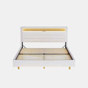 Cama estofada 140x200 cm - com porta USB e luz LED, cabeceira reversível, pé oculto, cama de casal, cama juvenil, cama para adultos - Bege