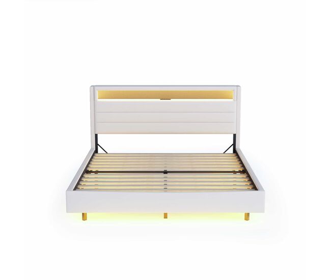 Cama tapizada 140x200 cm - con puerto usb y luz led, cabecero reversible, pie oculto, cama doble, cama juvenil, cama para adultos - beige